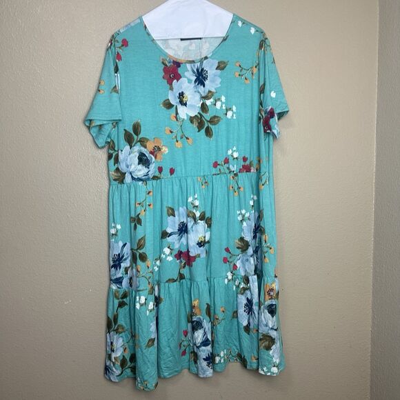 Levaca Teal Floral Stretch Knit Dress Womans Size XXL Short Sleeve Swing Dress - Picture 1 of 8